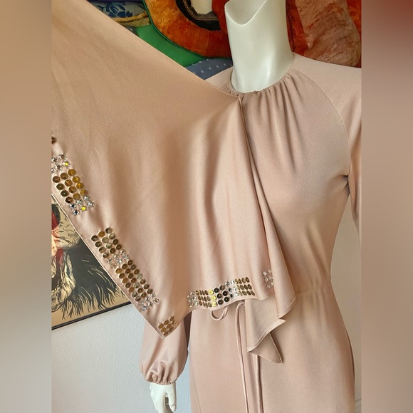 1970’s LEE JORDAN DRESS Studded Studs Rhinestones NEUTRAL Vintage Tags Nude Knit - Picture 11 of 11